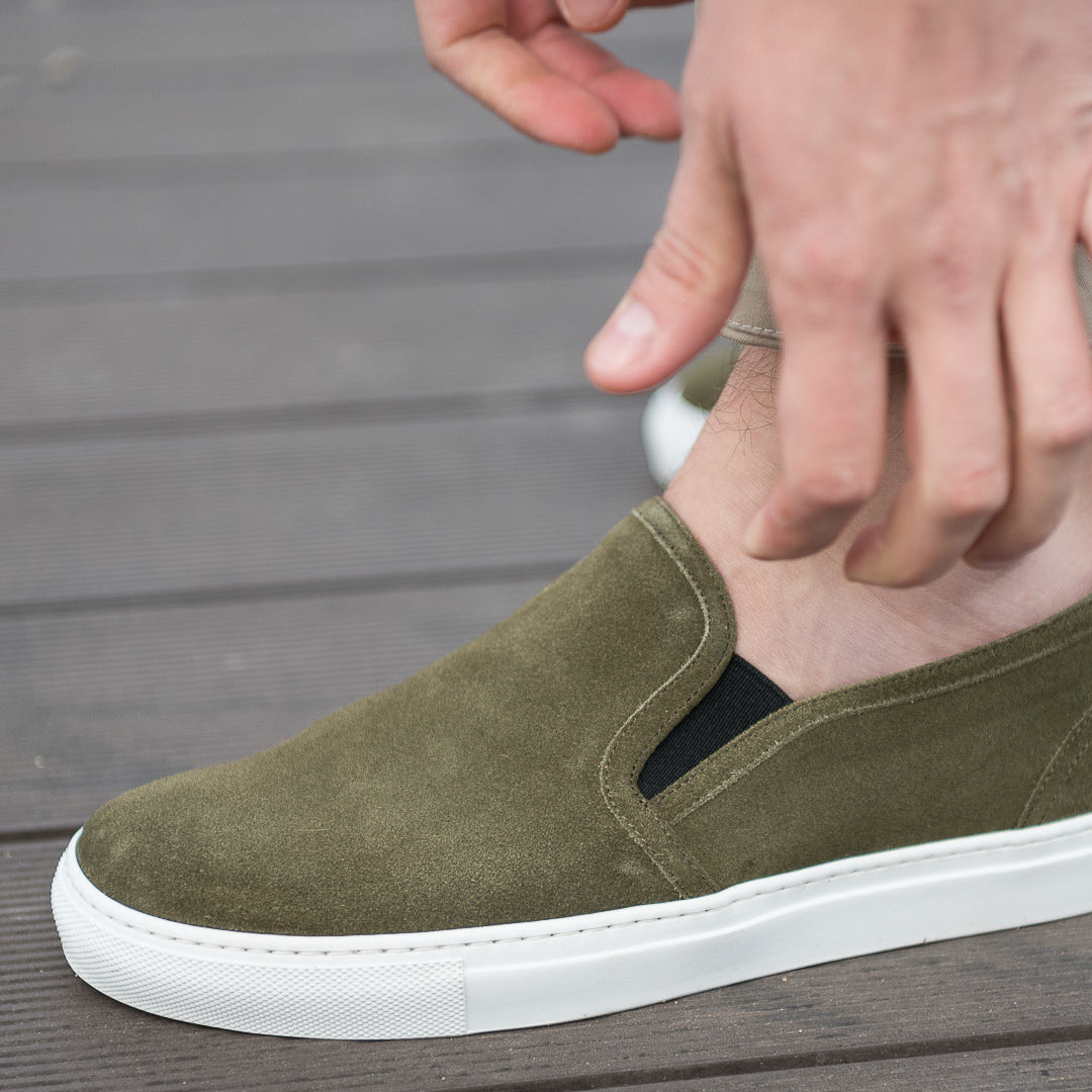 Olive green store slip ons